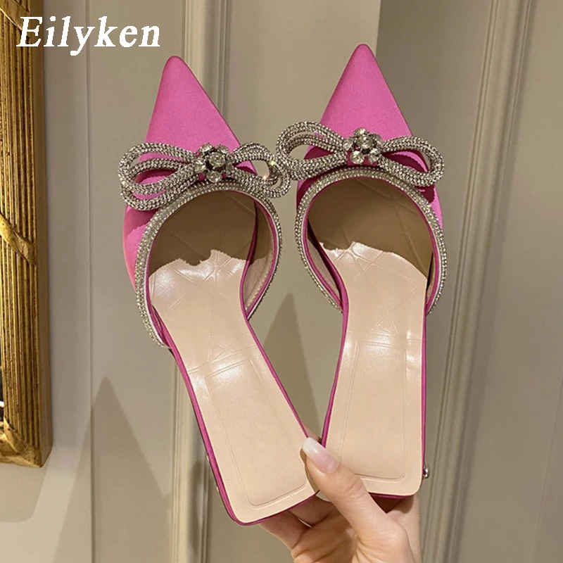 Eilyken Fashion Butterfly-knot Women Slippers Thin Low Heels Pointed Toe Design Slip On Summer Mules Slides Shoes