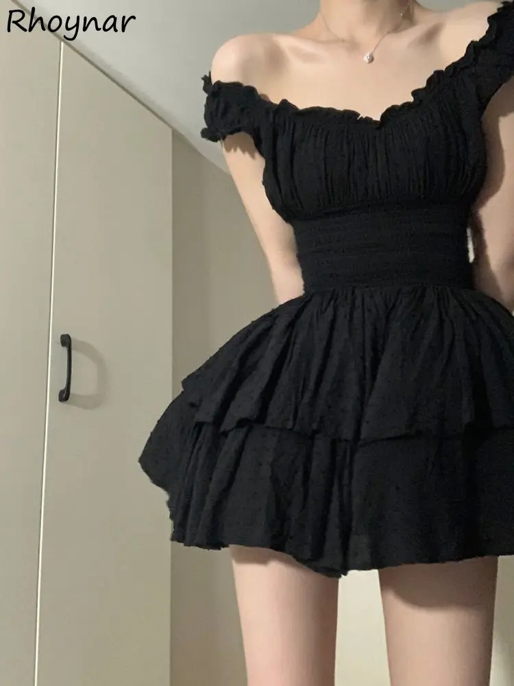 

Black Mini Dress Women French Style Vintage A-line Summer Short-sleeve Sweet Hot Girl Designed Slash Neck Sexy Ruffles Elegant