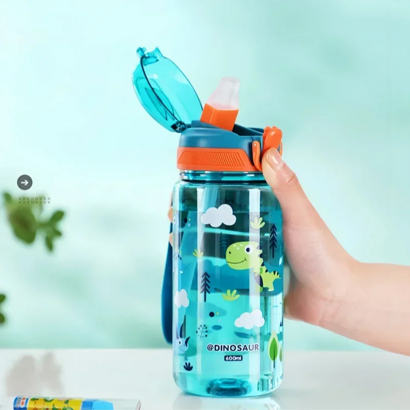 

600ml Cartoon Animal Water Bottle with Safety Lock Cute Straw Cup Kids Leak Proof Drinking Jug for Outdoor Camping School Sports