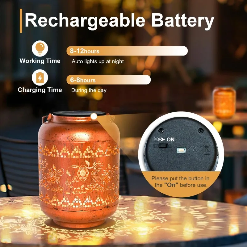 Bee Solar lentera luar ruangan gantung tahan air lebah dekorasi taman ibu nenek Ironwork Hollow logam Solar lampu dekorasi
