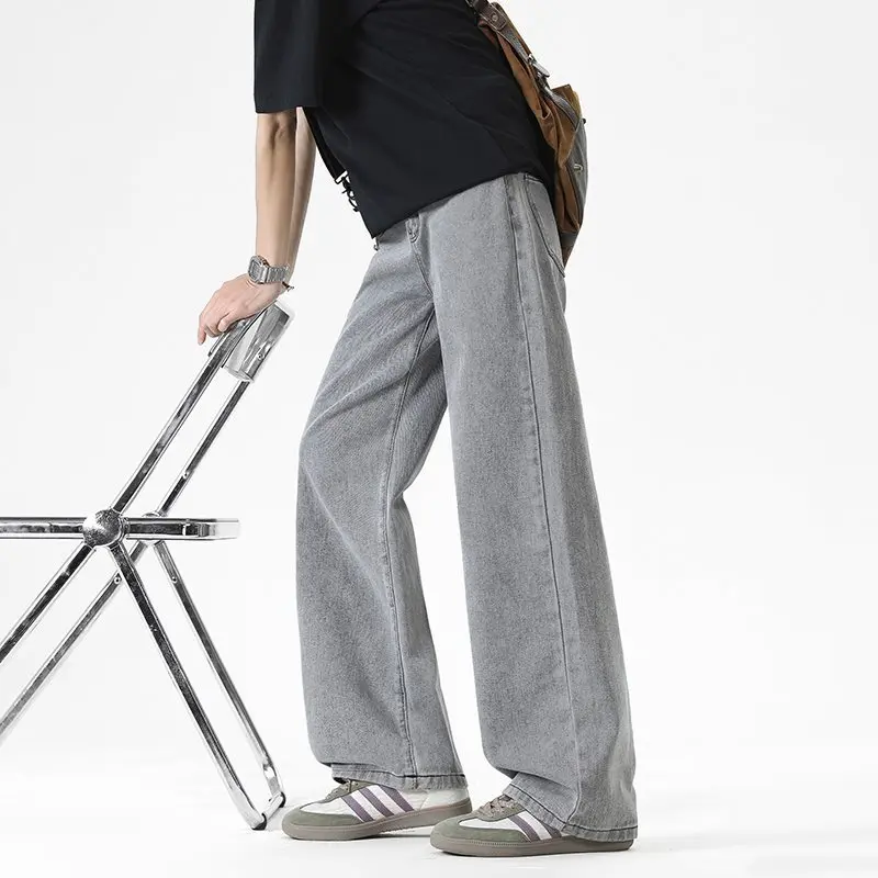 

Loose Straight Leg Jeans Pure Color Vintage Hong Kong Sle mid Waist Zipper Opening for Teenagers Floor Length Workwear