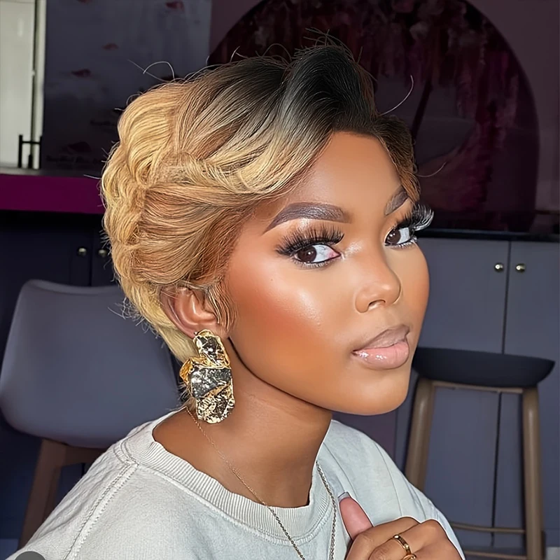 Short Pixie Cut Bob Wig Transparent 13X4 Lace Frontal Wavy Human Hair Wigs For Women Highlight Wig PrePlucked Hairline