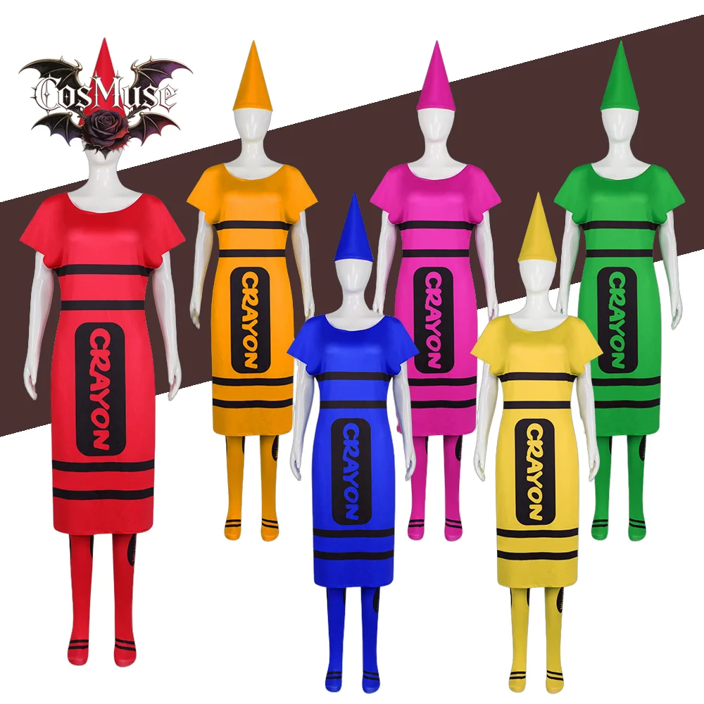 

6 Colors Halloween Funny Crayon Costume for Adult Couples Red Blue Yellow Dress with Hat Purim Carnival Party Outfits