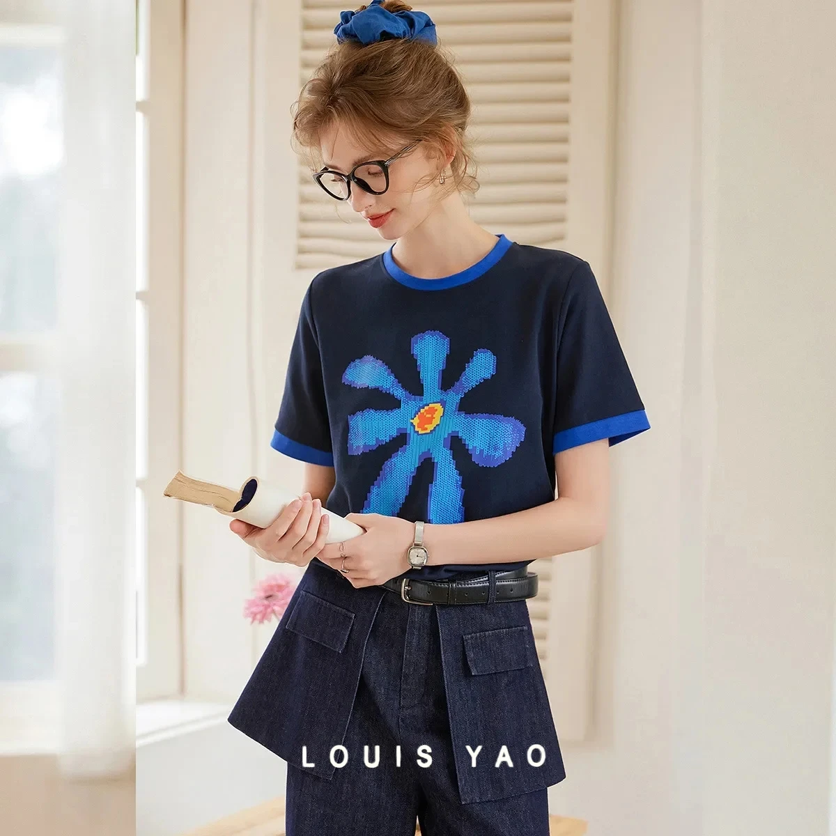 

Contrasting Colours Printed Short Sleeve T-shirt Summer Patchwork Round Neck Loose Casual Peplum T-shirt Women Female Clothing