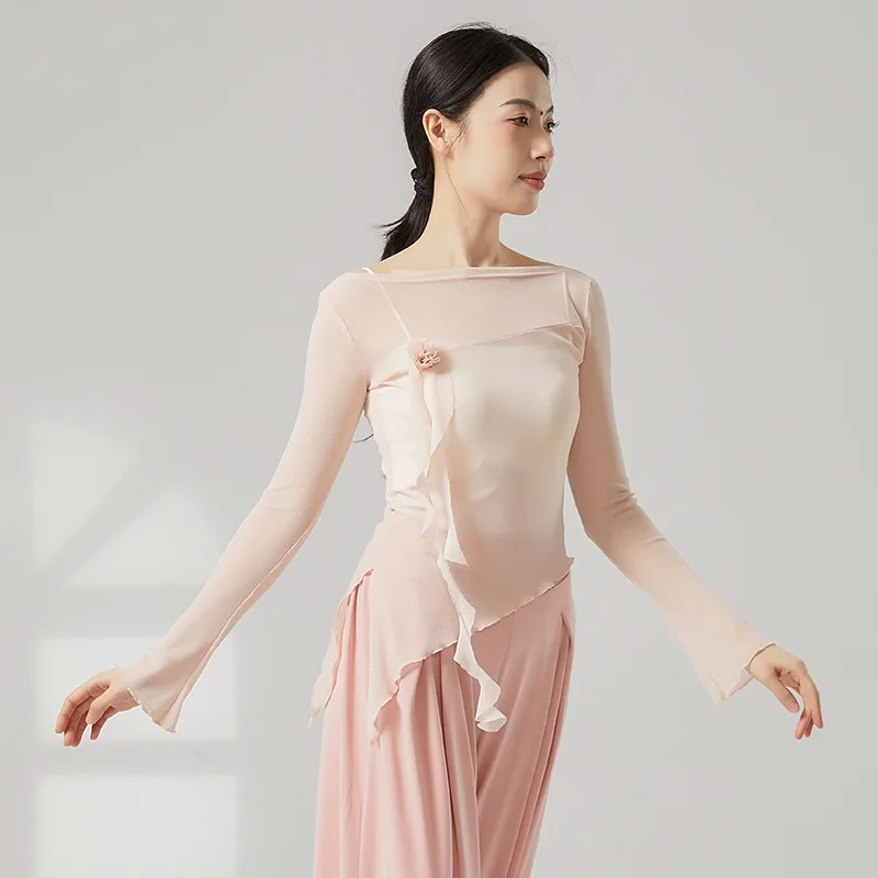 Volwassen Bloem Bling Mesh Slanke Semi Transparante Lange Mouw Asymmetrische Zoom Buikdans Blouse Kostuums voor Vrouwen Danskleding