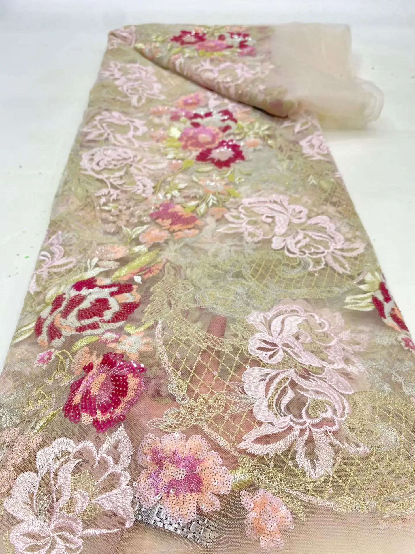 

High Quality,African Nigerian Sequins Embroidery Tulle Lace Fabric, Sewing Beads Stone Prom Dresses, 5Yards, 2025 DP0473