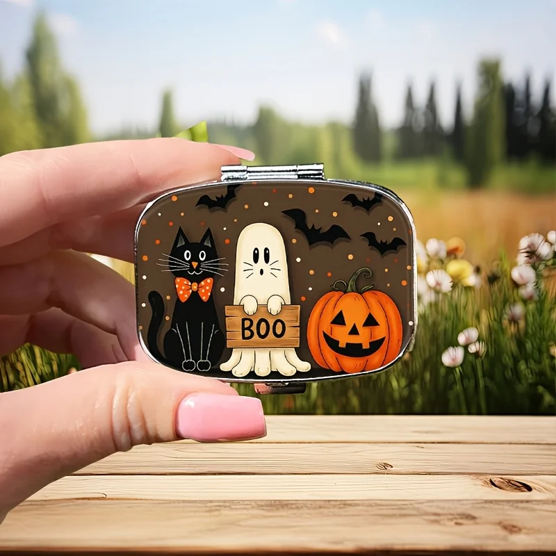 1 Halloween black cat square pill box, mini pill box, 2-compartment pill storage box, portable storage box for home use, suitable for handbags and travel, unique gift
