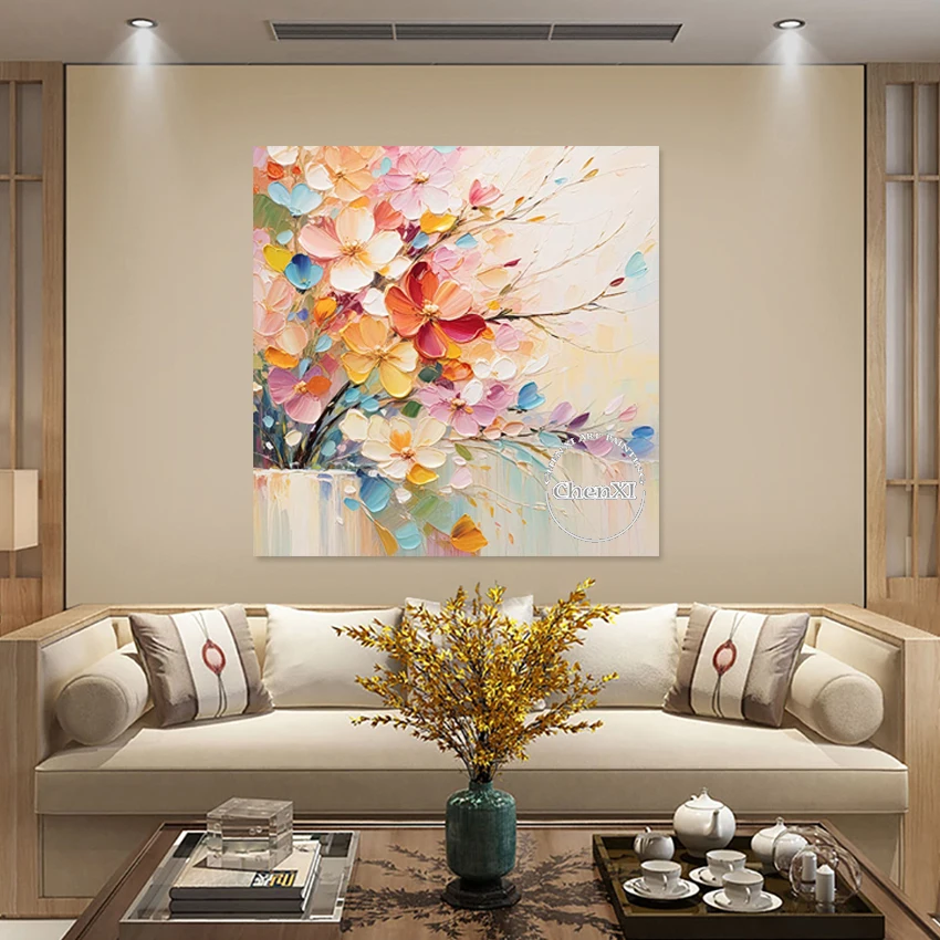 

Красочные акриловые картины с цветами, холст ручной работы, абстрактная художественная картина для гостиной, безрамный декор с цветочной текстурой стены