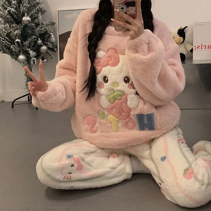 Kawaii Doraemon Autumn and Winter Warm Coral Velvet Pajamas Cute Cartoon Thickened Velvet Home Clothes Set Holiday Gifts