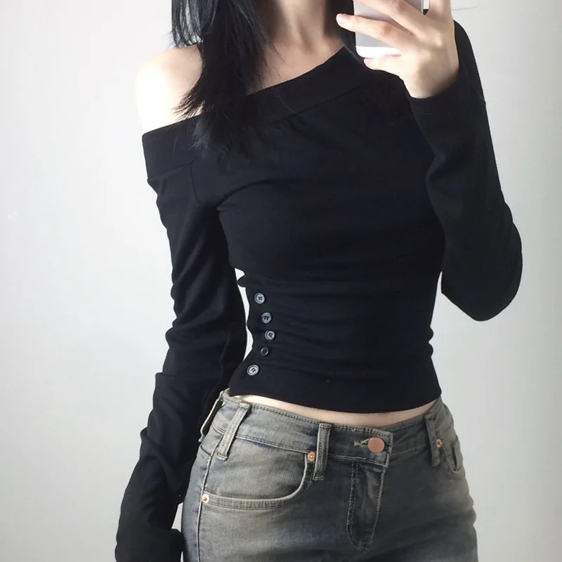

Women's INS Sexy Asymmetric Off-shoulder T-shirt-Long Sleeve Button Cinched Waist Slim Fit Top,Trendy Solid Color Casual Tee