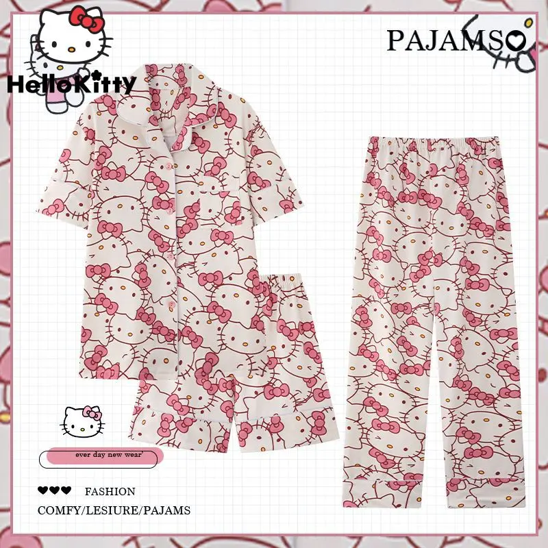 Sanrio-Conjunto de pijama de Hello Kitty para mujer, ropa de dormir de manga corta y pantalones largos con dibujos animados Kawaii, traje de casa de