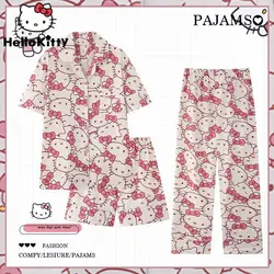 Sanurgente-Ensemble de pyjama trois pièces Hello Kitty pour femme, manches courtes, pantalon long, dessin animé Kawaii, maison trempée, printemps, été, nouveau, 2023