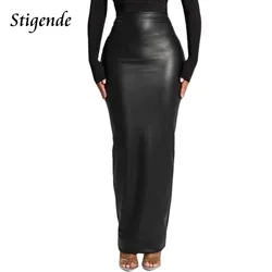 Stigende Sexy Pu Leather Full Zipper Long Skirt Women High Split Black Faux Leather Slim Fit Maxi Skirt