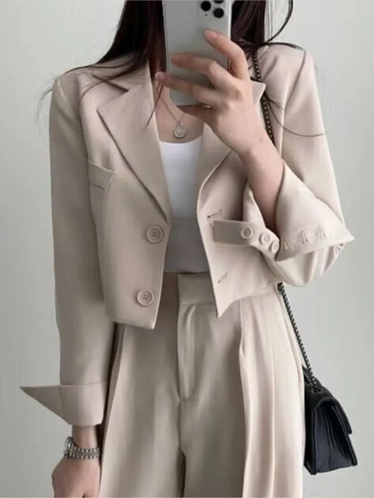 Korean Fashion Women Elegant Casual Business Pantsuits Vintage Chic Crop Blazer Jackets Straight Pants Two Pieces Female Outfits