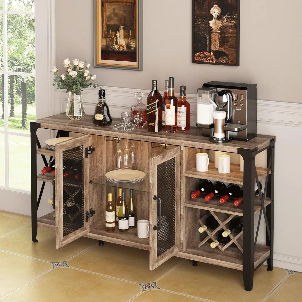 Armoire de Bar à vin de 58 pouces avec rangement de casier à vin, Bar à domicile pour liqueurs et verres, armoire de Bar à café de ferme, cabine à liqueur