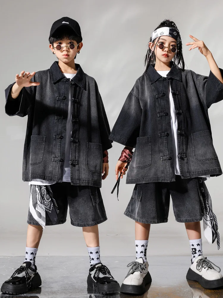 Kind Hip Hop Kleidung Set Jungen Street Dance Kostüm Mädchen Jazz Modern Dance Anzug Farbverlauf Blau Shirts Shorts Kpop Show