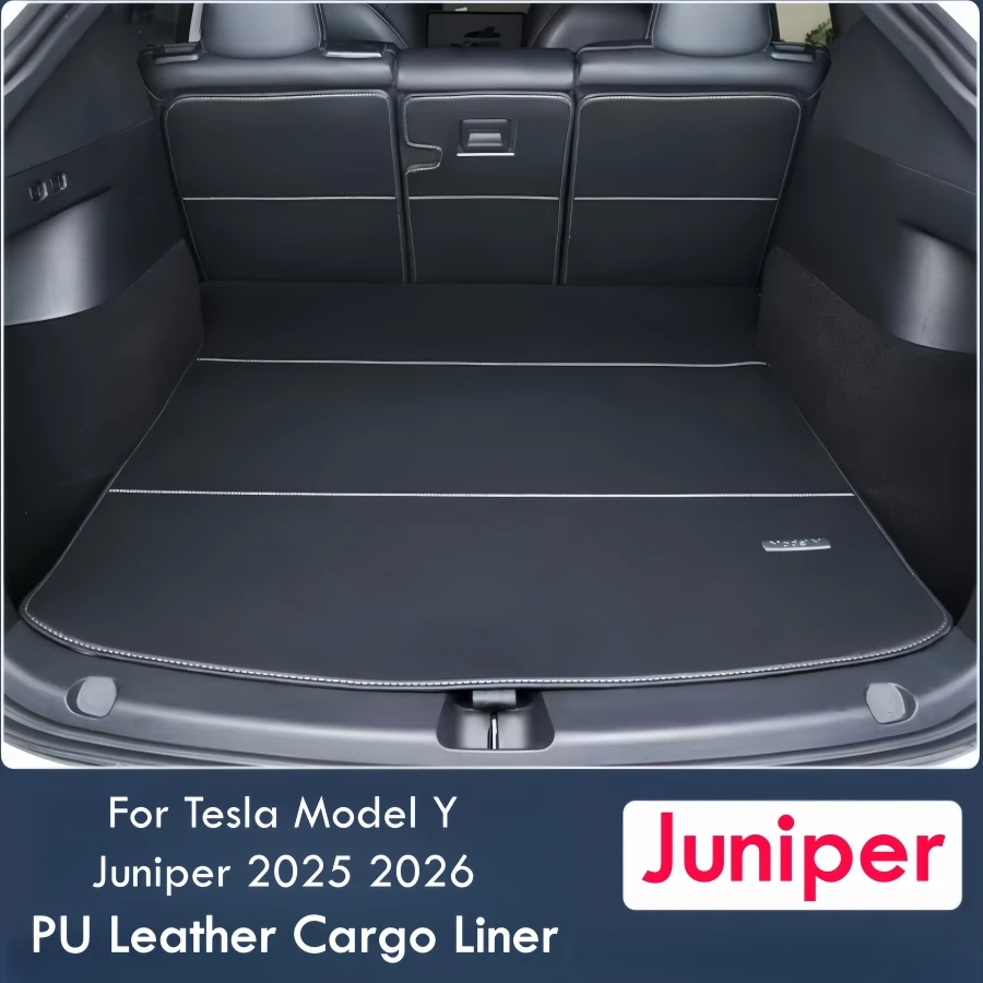 

For Tesla Model Y Juniper 5-Seater 2025 2026 PU Leather Cargo Liner Segmented Rear Trunk Mats Non-Slip Fully Surrounded Seatback