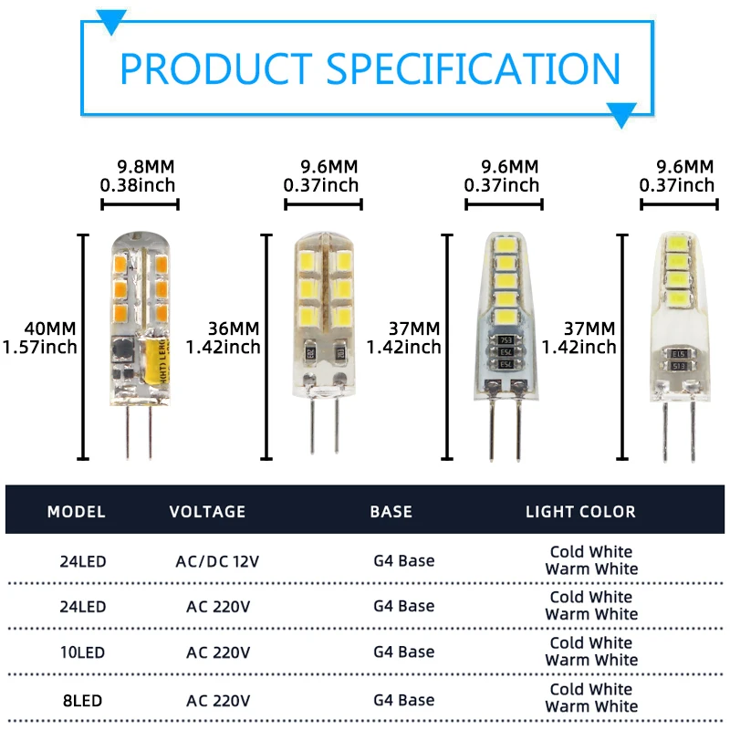 6pcs G4 LED Bulb AC DC 12V 220V 2835 SMD 8/10/24 Led Lamp 360 Degree Angle Chandelier Light Replace Halogen Lamp Lighting