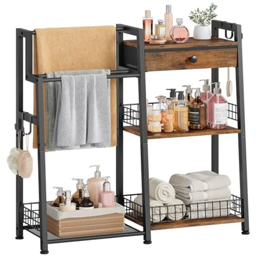 

2-in-1 Bathroom Ladder Shelf, 3-Tier Freestanding Towel Shelf with Drawer and Hooks, Storage Organizer for Bathroom, Laundry Ro