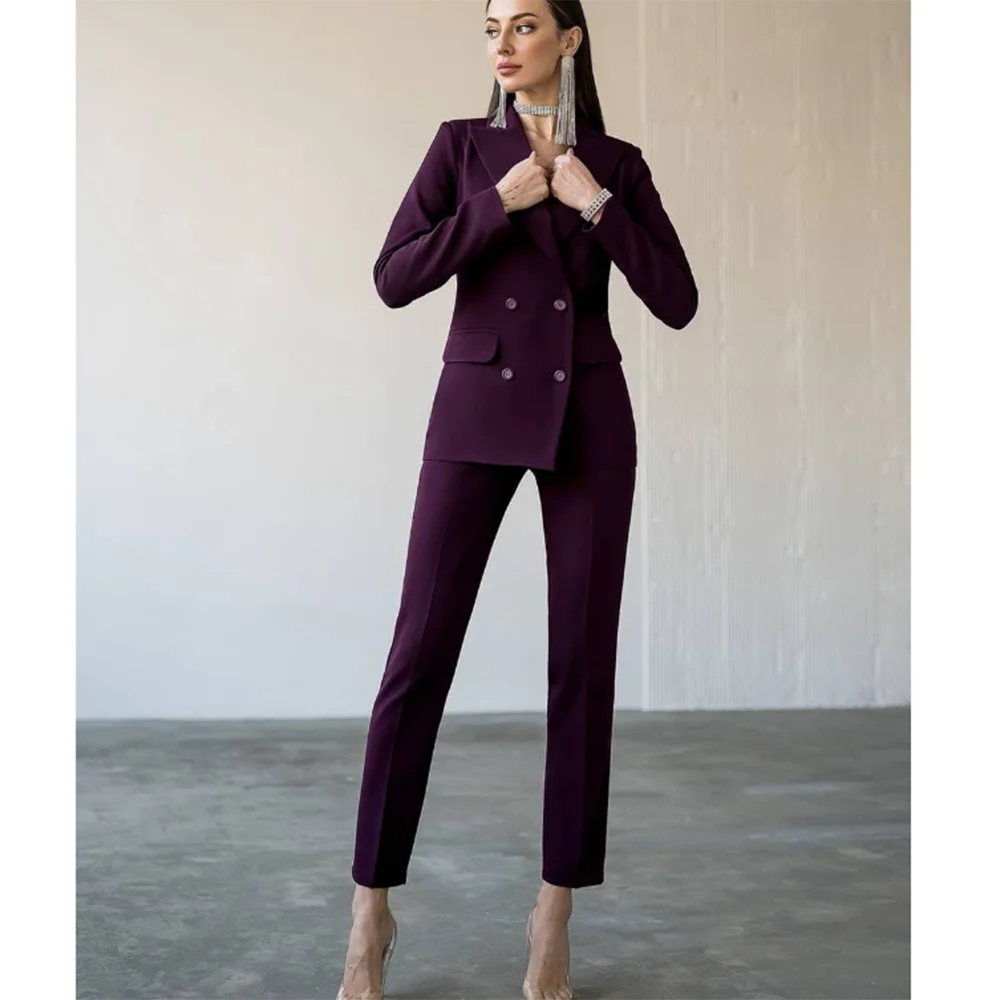 Fashion Chic Burgundy Red Purple Women Suit Double Breasted 2 Piece Jacket Pants Blazer Set Slim Fit Office Lady Female Clothing