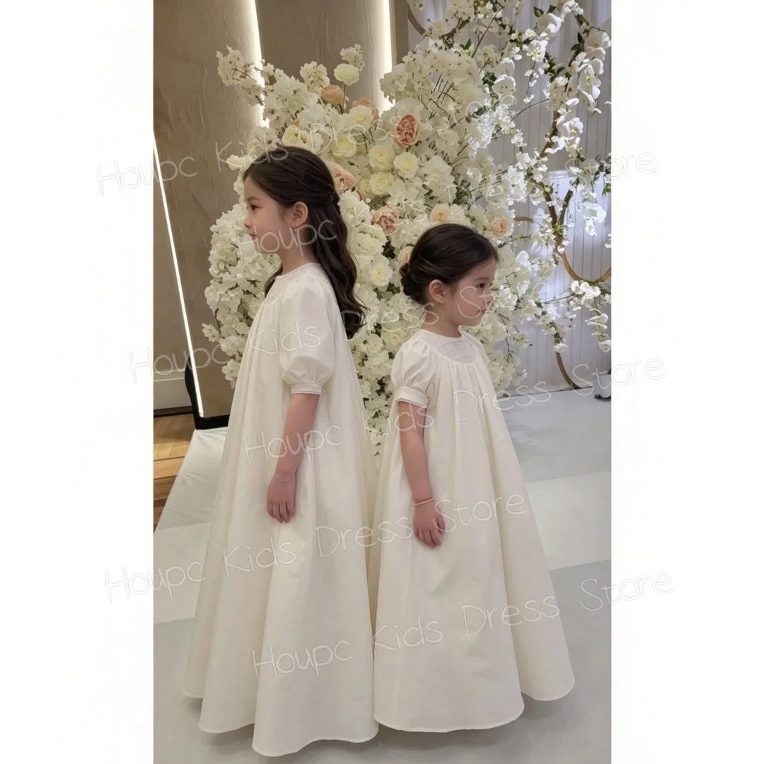 Custom White Chiffon Flower Girl Dress for First Communion, Short Sleeve  GownFull Skirt,  with Smocked Bodice  Customizable Ki