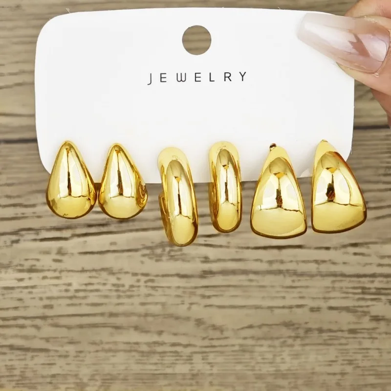 6pcs Fashionable, Creative, and Personalized C-shaped Water Droplets with Large Glossy Bean Earrings and Earrings for Women