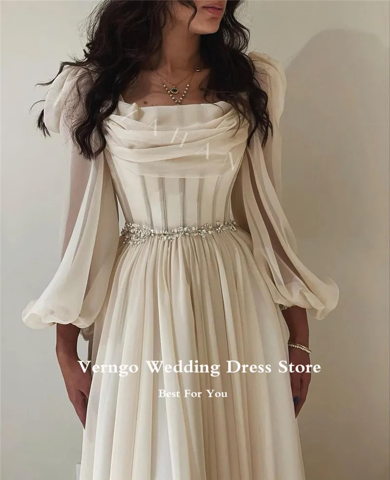 Verngo Vintage Lined Long Sleeves Bride Party Dresses Ankle Length Midi Prom Gowns Tiered Formal Women Evening Dress Wedding