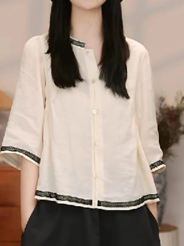 

Retro Splicing Embroidered round Neck Shirt Lightweight Breathable Women's Shirt Large Size Korean Style Commute Wind High Waist