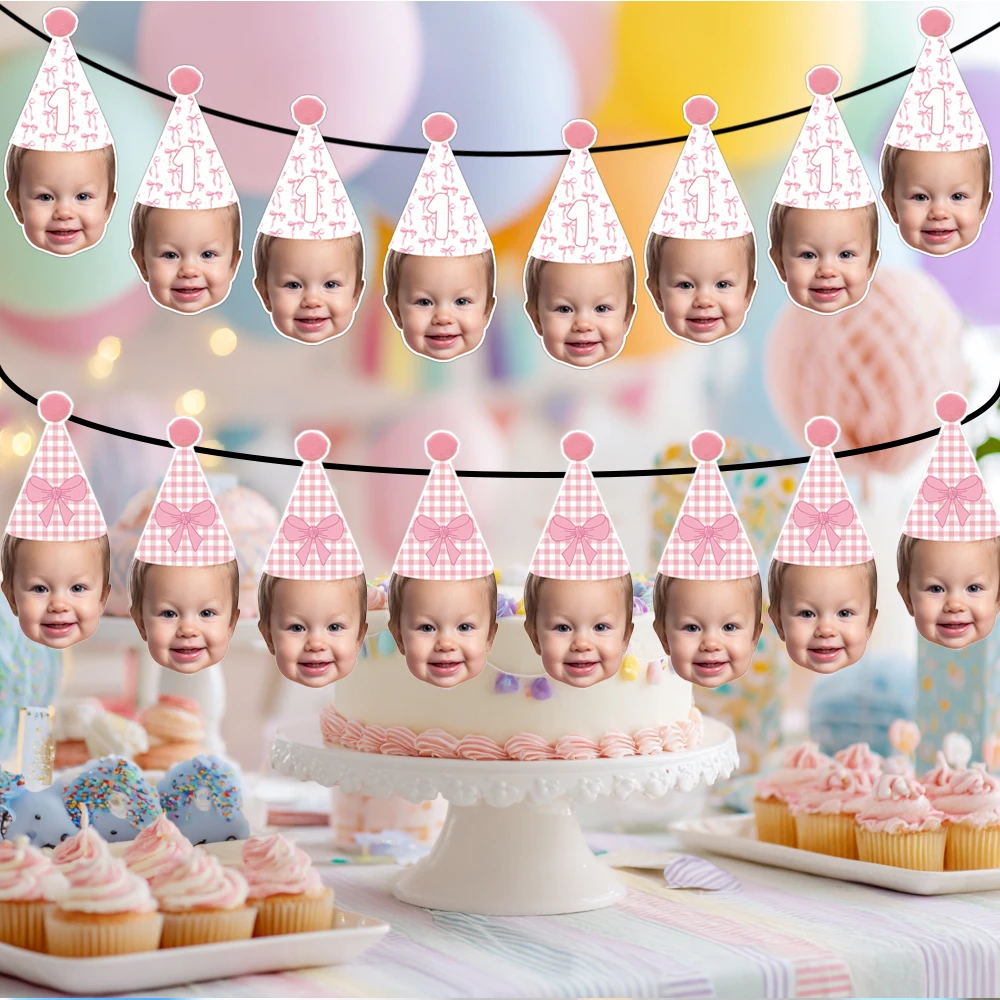 Banner de sombrero de cumpleaños rosa con foto personalizada, adecuado para el primer cartel de cumpleaños de hito, decoración de cumpleaños con temática de lazo