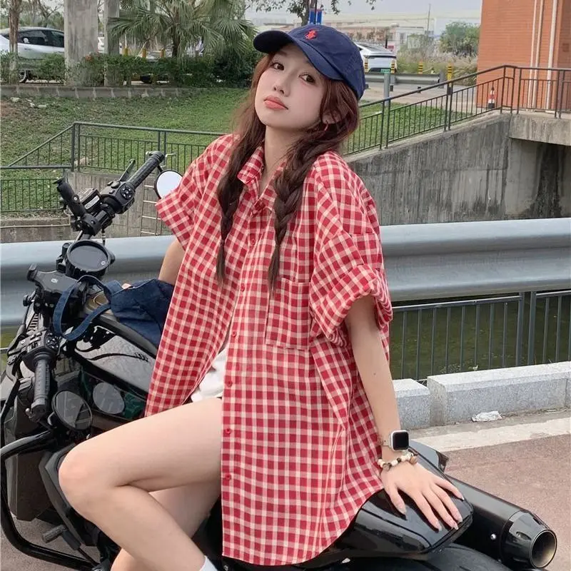 

Retro Casual Short Sleeves Plaid Shirt Jacket for Women Summer High Street Loose Commuting Versatile Tops Fashion Women Clothing