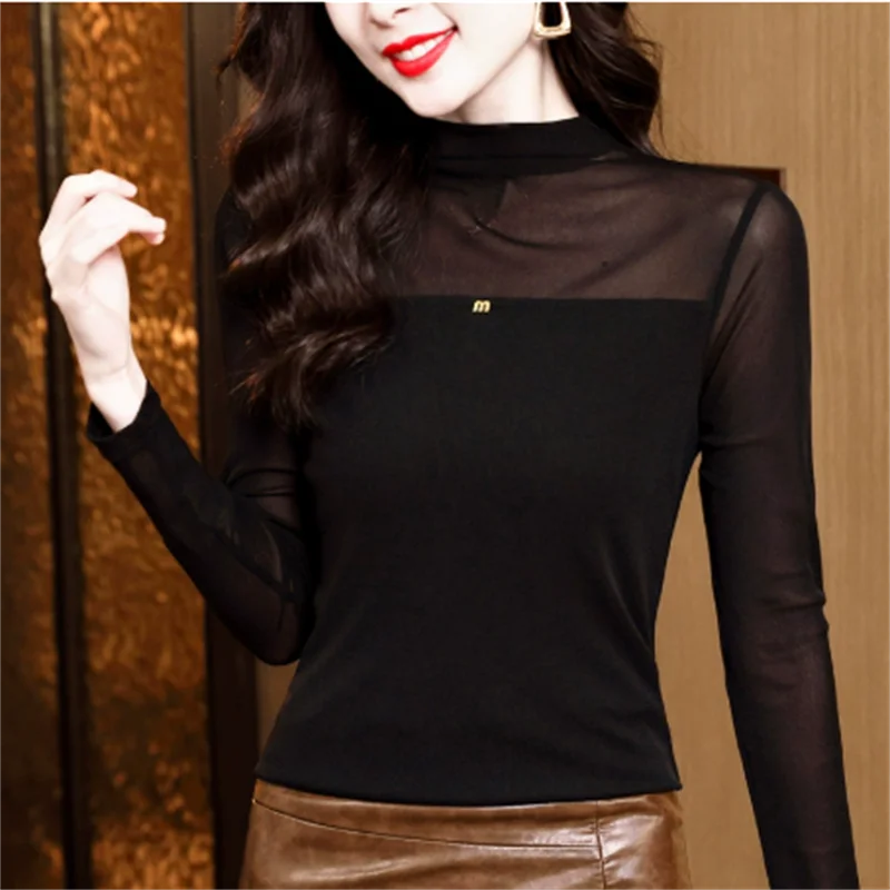 

Сетчатая футболка, женские футболки, базовые топы с высоким воротником, осенне-зимняя женская одежда, футболки, однотонные женские футболки