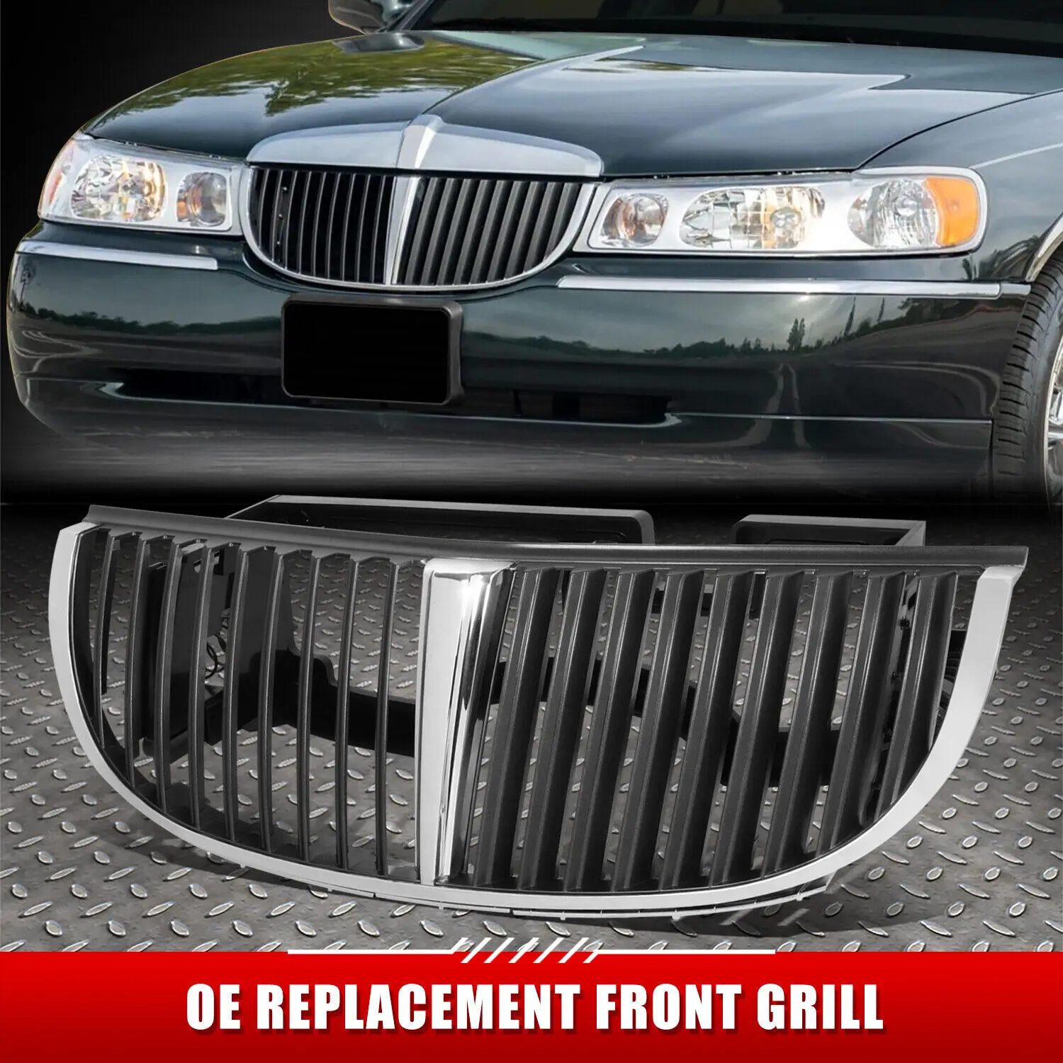 98-02 Lincoln Town Car OE [Vertical Fence] For Style Chrome Front Bumper Grille