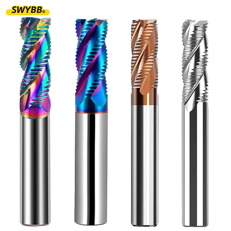 SWYBB Roughing End Mill Solid Carbide CNC Cutting Tool 3 4 Flutes for Aluminum Hard Steel Wood Mill 4mm 6mm 8mm 10mm-20mm