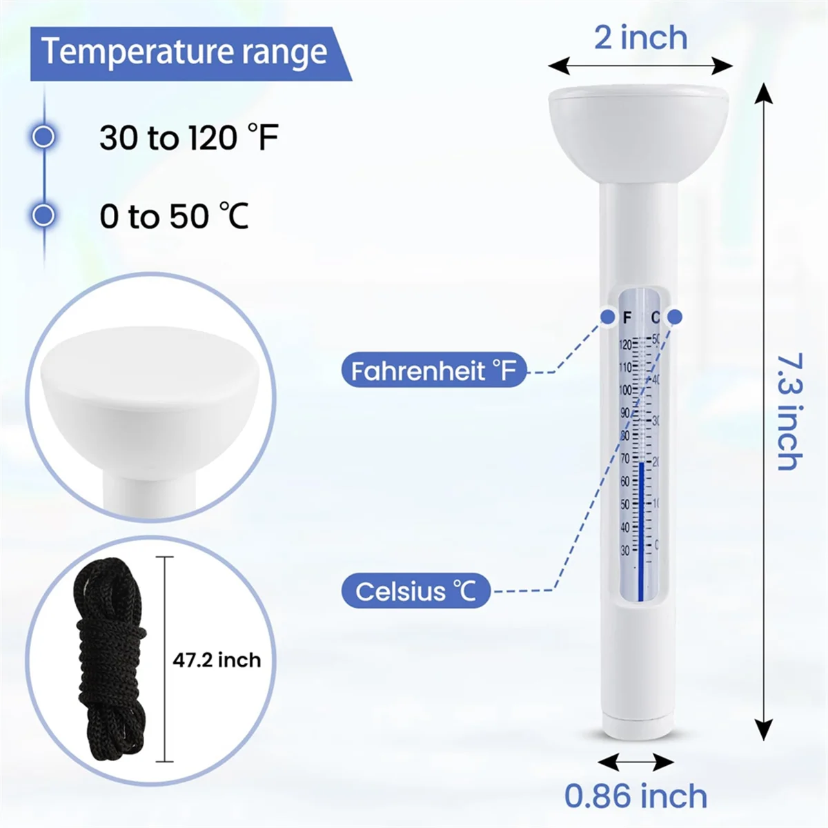 Floating Pool Thermometer, Easy Read for Water Temperature with String for Outdoor and Indoor Swimming Pools and Spas