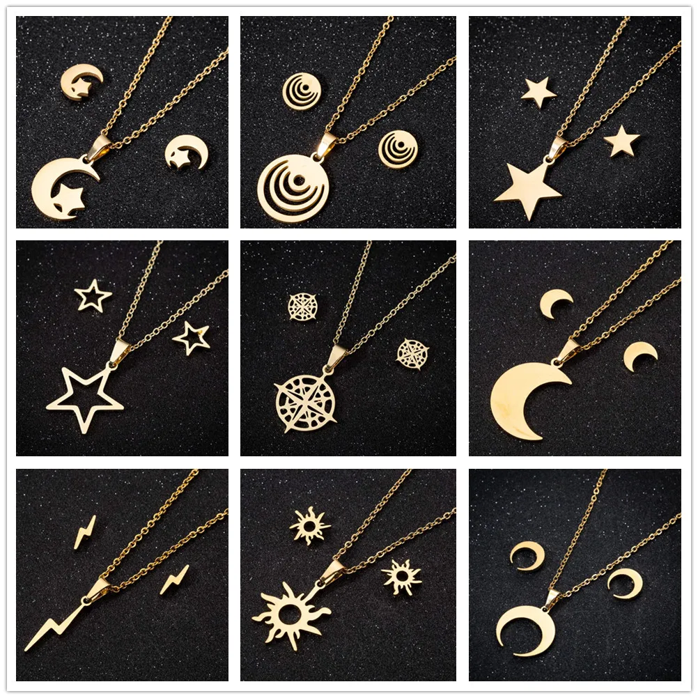 Großhandel Edelstahl-Schmuckset Gold Mode Mond und Stern vergoldete Ohrringe und Halskette elegante Damen-Partygeschenke