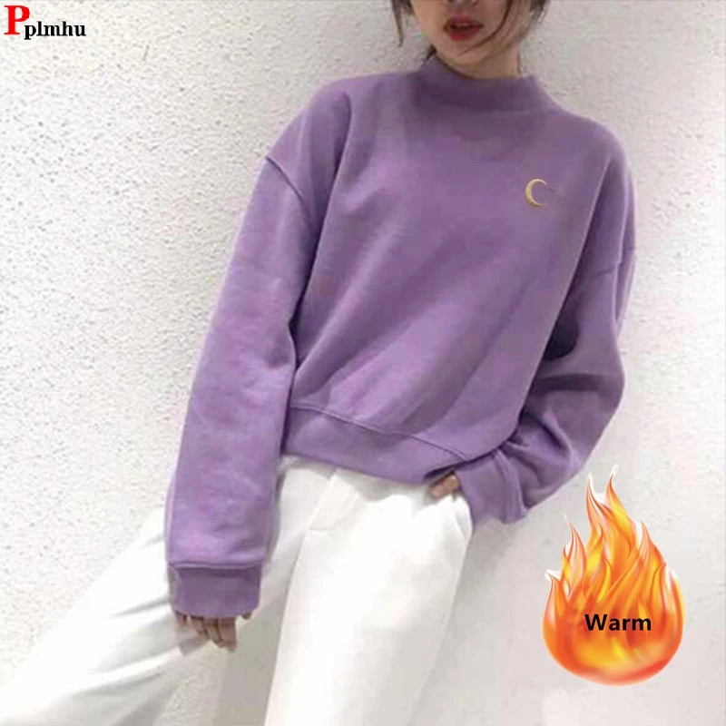 Vintage Plush Lined Sweatshirt Short Winter Fall Pullover Woman Embroidery Warm Sudaderas New Loose Half High Collar Top