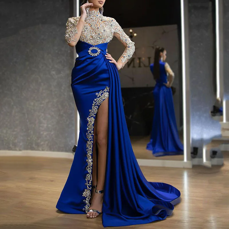 

2024 New European and American Women's Dress with Blue Splash Gold Split Splice Half High Neck Evening Dress