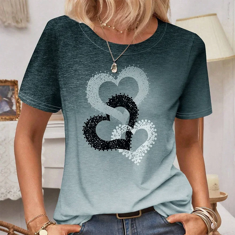 Camiseta de manga corta con cuello redondo para mujer, Top con patrón de amor, camiseta informal para mujer, moda Y2K, Manga corta transpirable, 2024