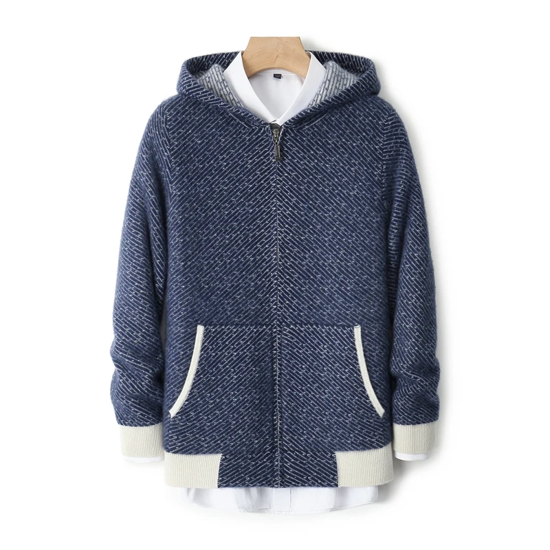 

Мужской толстый кардиган на молнии с капюшоном, кашемировый свитер, осень-зима, повседневный трикотаж с длинными рукавами из 100% мериносовой шерсти, топы с карманами, новинка