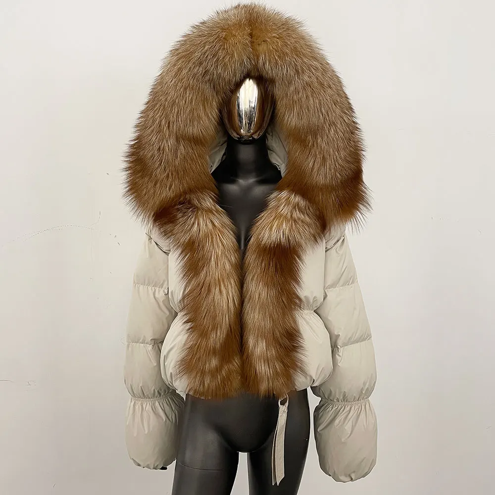 Manteau en duvet de canard blanc pour femme, veste en fourrure véritable, optique naturelle, grand col en fourrure de renard, parka bouffante adt, chaud, hiver, nouveau