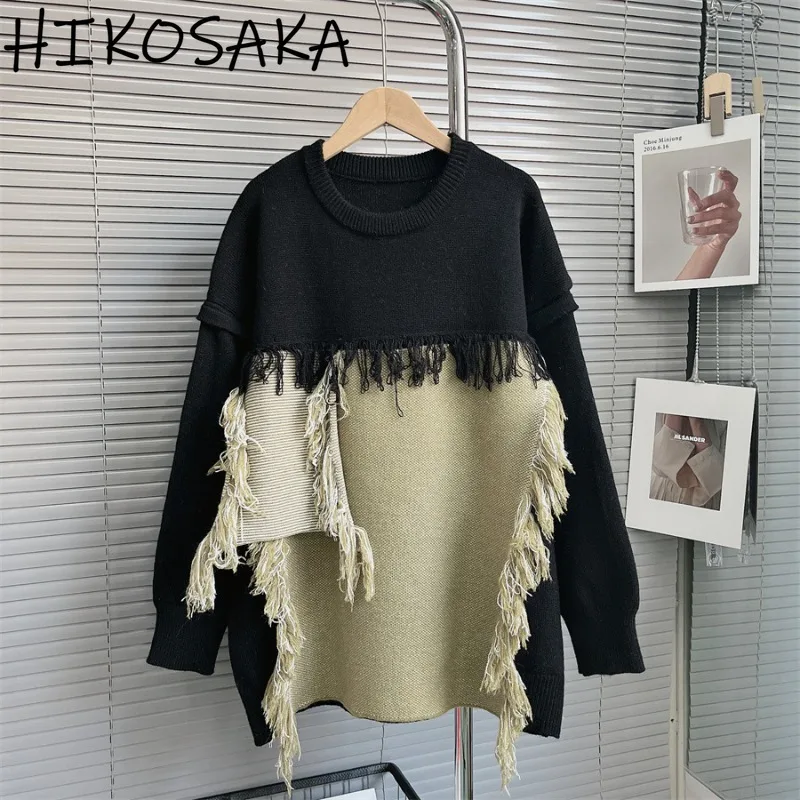 Vintage Contrast Color Tassel Sweaters Women O-neck Long Sleeve Loose Casual Knitted Pullovers Harajuku Fashion Gothic Y2k Top