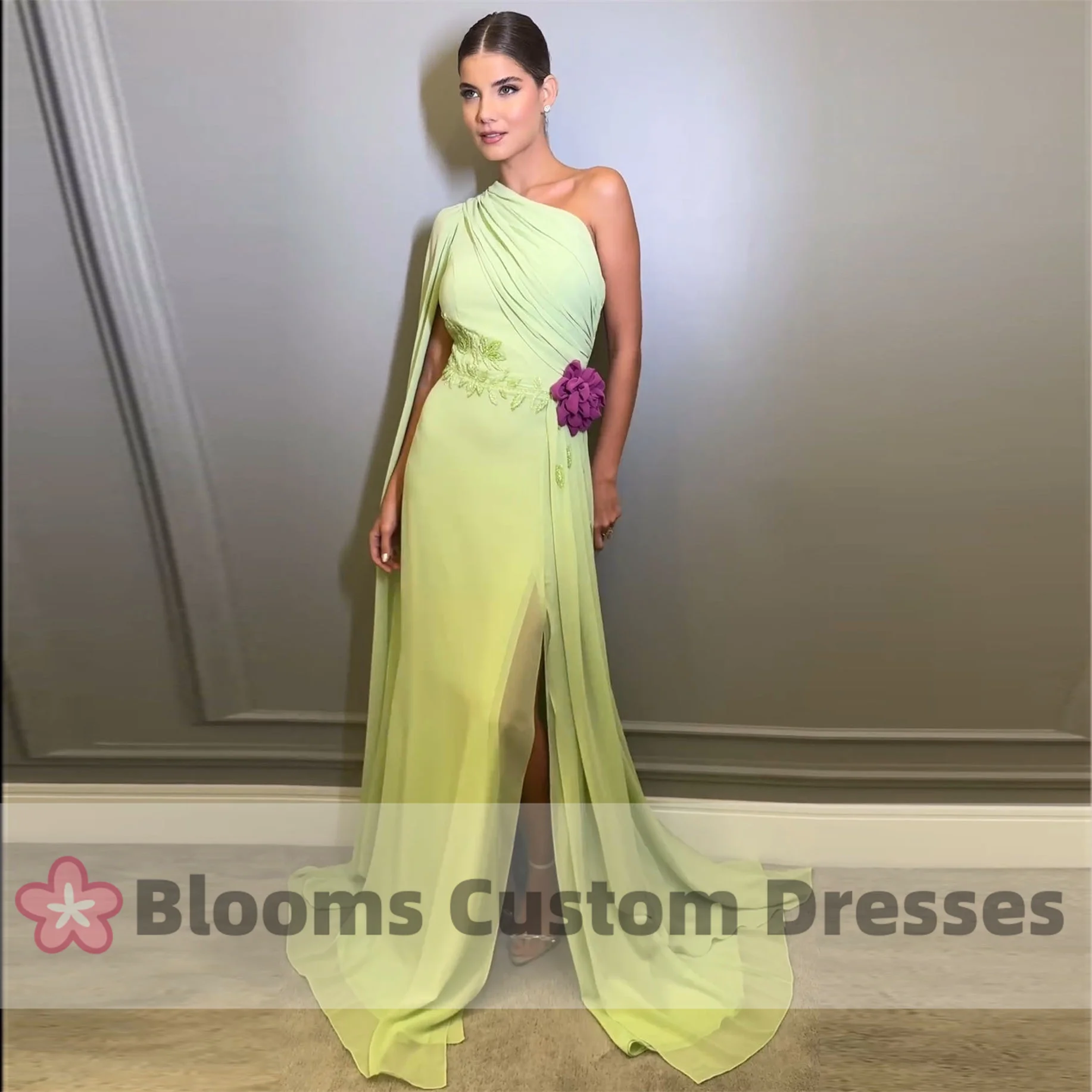 

Blooms Chic Chiffon Beaded Mother Of Bride Dress Evening Dresses 2024 Cape Sleeve Flower Formal Occasion Wedding Guest Dress