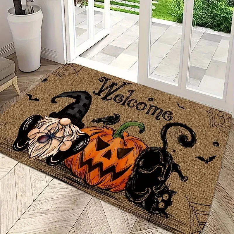 

Halloween Themed Carpet Featuring Pumpkins Black Cats and Dwarves Designed Decorating Entrance Mats and Living Room Welcome Rugs