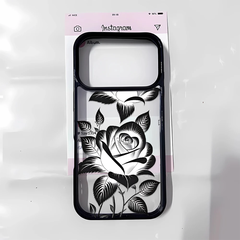 Black White Rose Elegant Phone Case Vintage Texture Button Cover Raised Edge for iPhone 16 12 11 14 15 Plus Max 13 Pro 17 Air