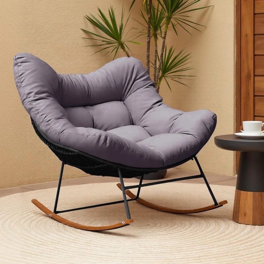

Papasan Rocking Chair, Oversized Comfy Lounge Chair with Cozy Cushion and Rattan Body, Modern Patio Egg Chair for Outside Porch