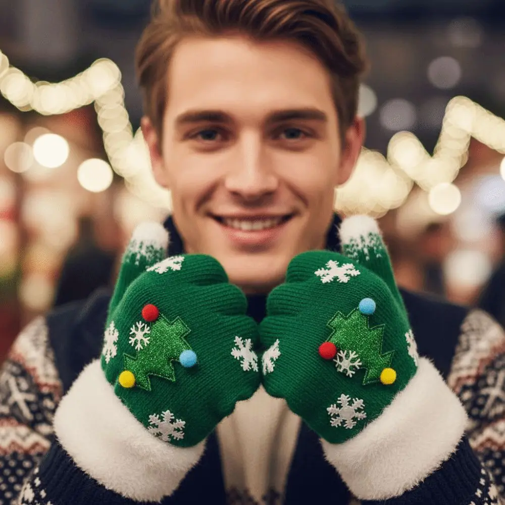 Red Green Christmas Gloves Knitted Woolen Elastic Wrist Winter Knit Mittens High Quality Plush Cuff Full Finger Gloves Adults