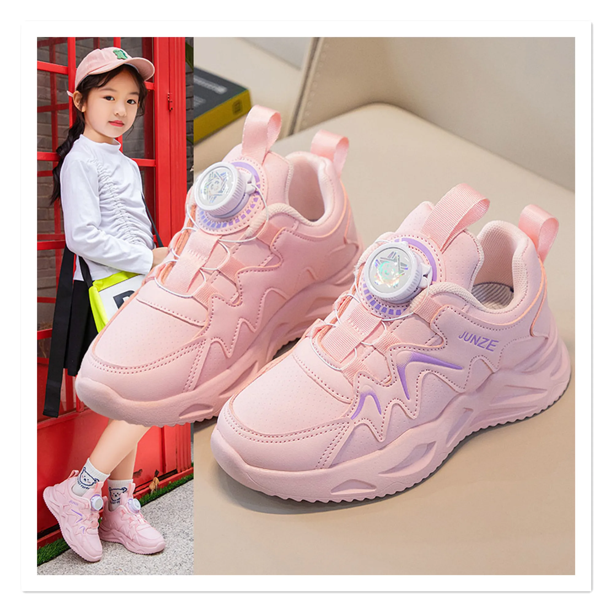 Girls' Sports Shoes 2023 Spring and Autumn Children's Fashion Little White Shoes, Big Kids' Rotating Button Soft Sole Boys' Runn