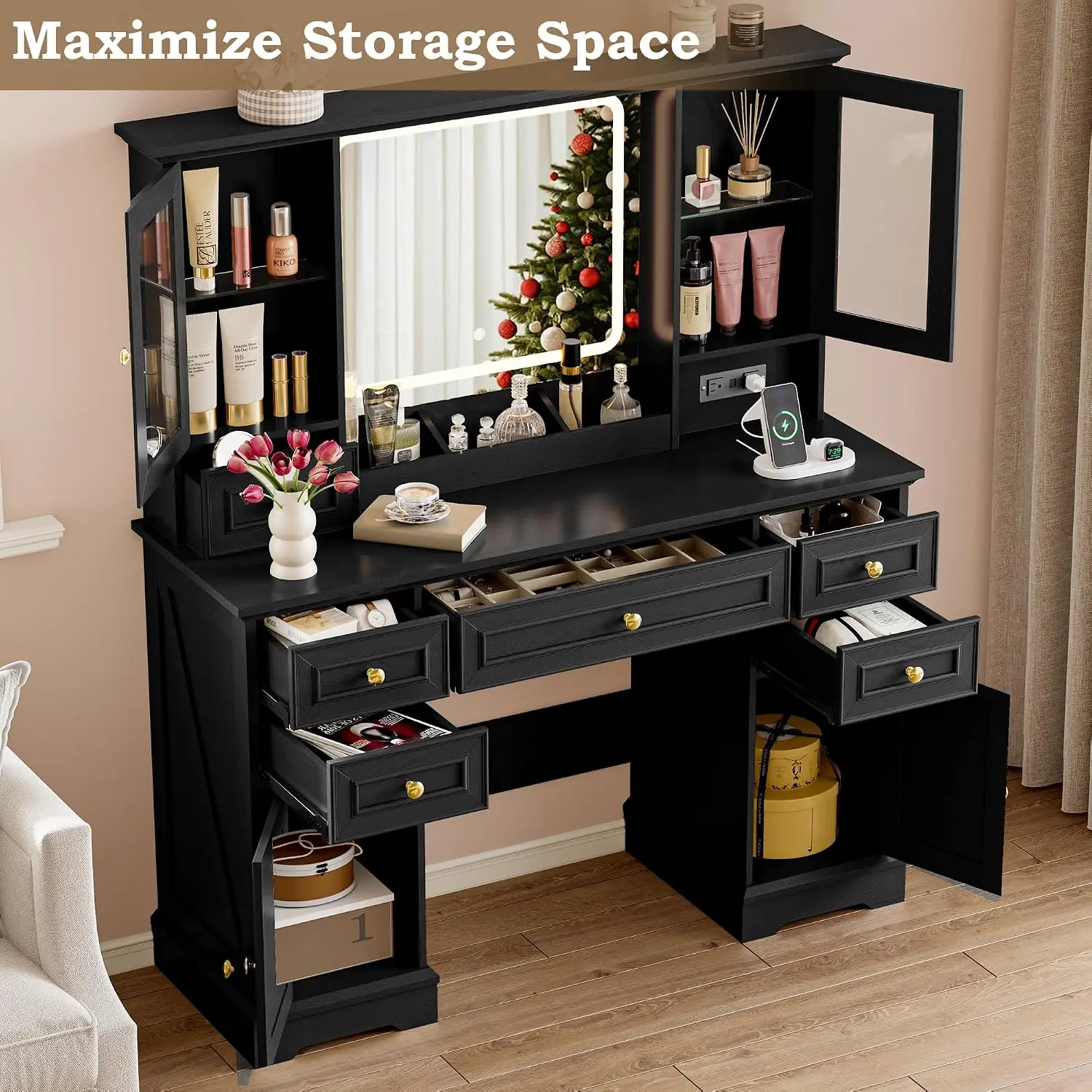 Vanity Desk with Lights, Large LED Mirror with 3 Color Modes, Makeup Vanity with Power Outlet & USB Ports, Customized