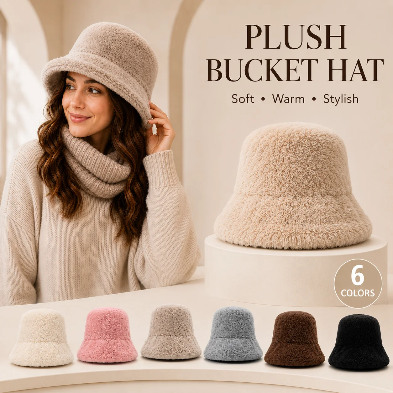 Neutral plush bucket hat, soft fuzzy wide brimmed fisherman hat, warm and comfortable solid color winter accessories