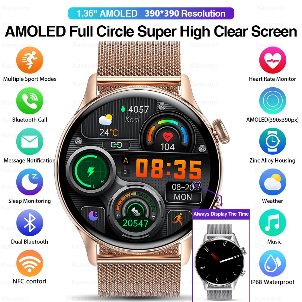 KAVSUMI AMOLED Screen NFC Smart Watch Women Always display the time Bluetooth Call IP68 Waterproof Smartwatch For Android IOS